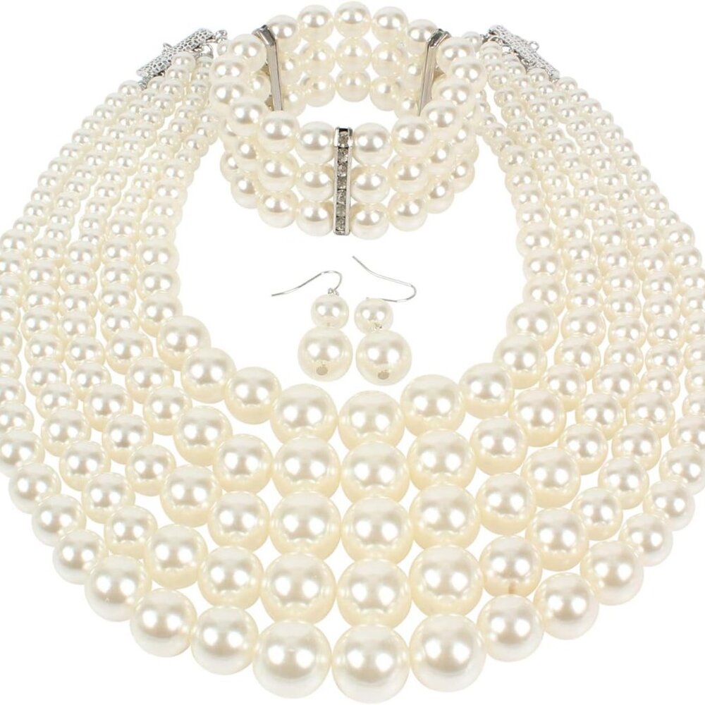 Large Multi Layer Faux Pearl Strand Costume Jewelry Sets For Women